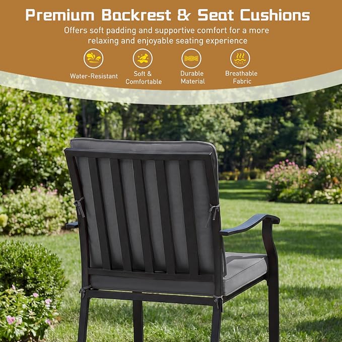 7 Piece Outdoor Patio Dining Set, 62’’ Rectangular Metal Dining Table with Umbrella Hole & 6pcs Outdoor Metal Dining Chairs, Outdoor Furniture Dining Set for Patio, Balcony, Lawn, Garden, Backyard