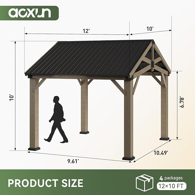 Aoxun 10' x 12' Outdoor Wood Gazebo with 20" Ceiling Fan with Light, Hardtop Gazebo Permanent Wooden Pavilion with Galvanized Steel Gable Roof, for Patio, Garden, Backyard, Cedar Wood