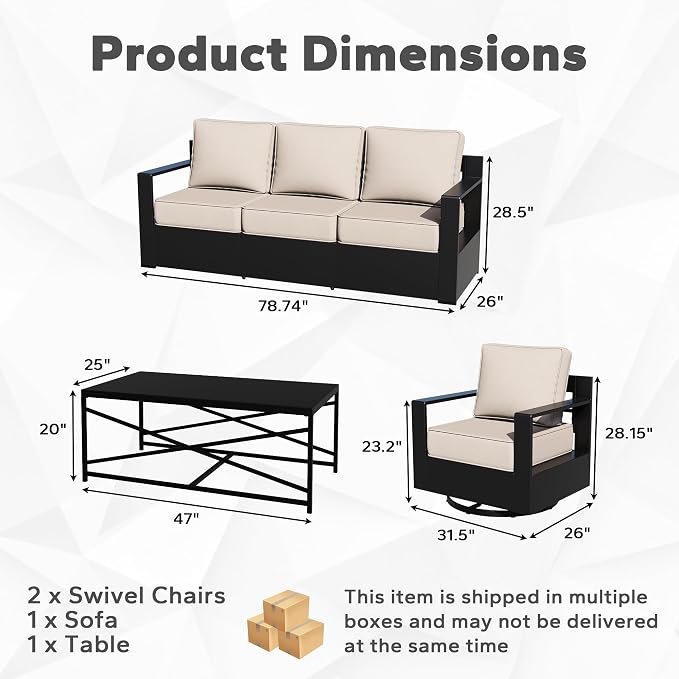 Outdoor Aluminum Furniture Set, 4-Piece Patio Conversation Set, 2 Swivel Chairs, 1 Sofa and 1 Table, All-Weather Metal Frame, 6" Thick Removable Cushions, Deep Setting for Garden, Poolside and Porch