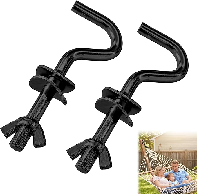 2 Pack Heavy Duty Hammock Hooks, Galvanized Metal Replacement Hardware for Hammock Stand, Fits 1-1/4 to 2 Inch Poles, 3/8 Inch Diameter S-Hooks for Indoor Outdoor Patio Swing & Chair（Black）