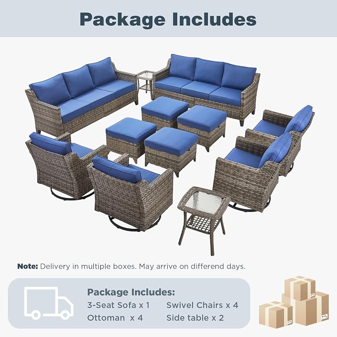 Belord Patio Wicker Swivel Rocker Patio Chairs with 3-Seater Sofa, Outdoor Rattan Chairs for Deck Porch Poolside, 12 Piece Patio Conversation Furniture Set,Blue