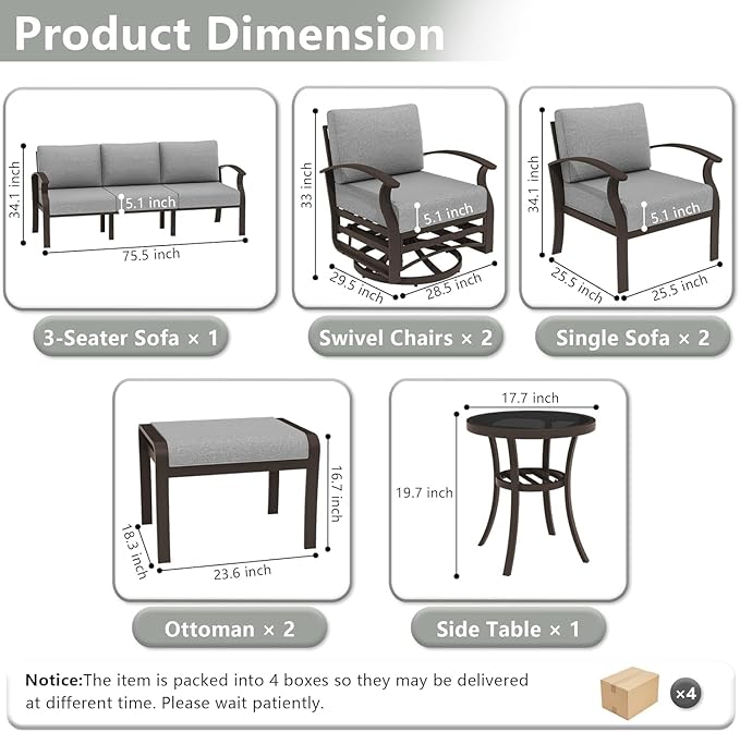 Patio Furniture Set 9-Seat Aluminum Armrest Sofa, Modern Outdoor Living Room Set with 2 Swivel Chairs, 5.1" Cushions, High Backrest & 2 Footstools, Backyard, Poolside - Grey
