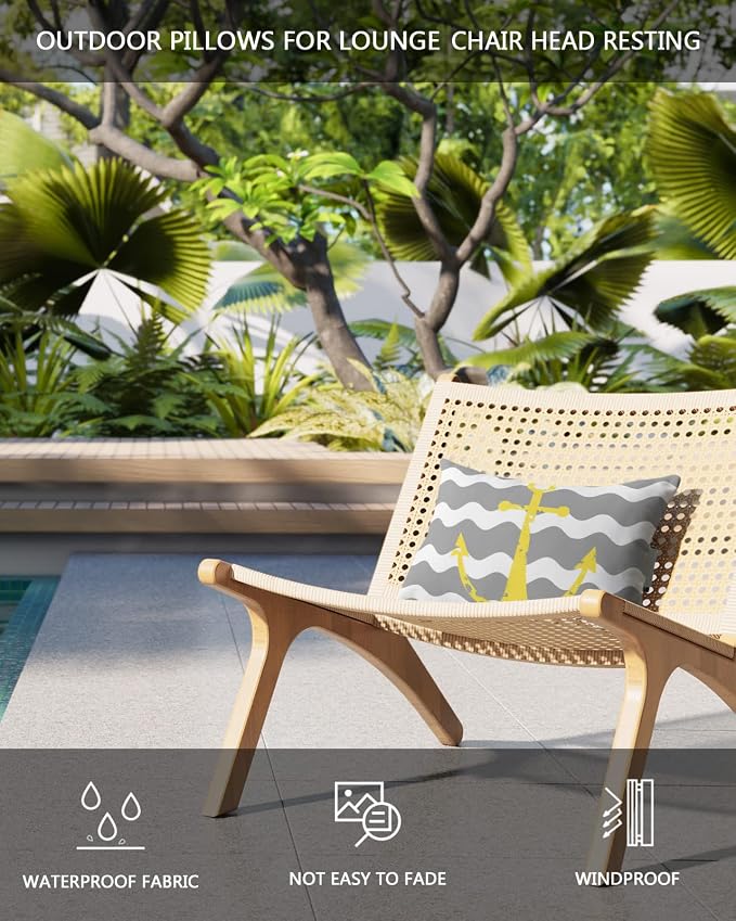 Outdoor Pillows Covers with Inserts Yellow Nautical Anchor Grey Wavy Stripes Waterproof Recliner Pillow with Adjustable Strap Throw Pillows for Patio Furniture Pool Lounge Chair, 11x16 inch, 1PCS