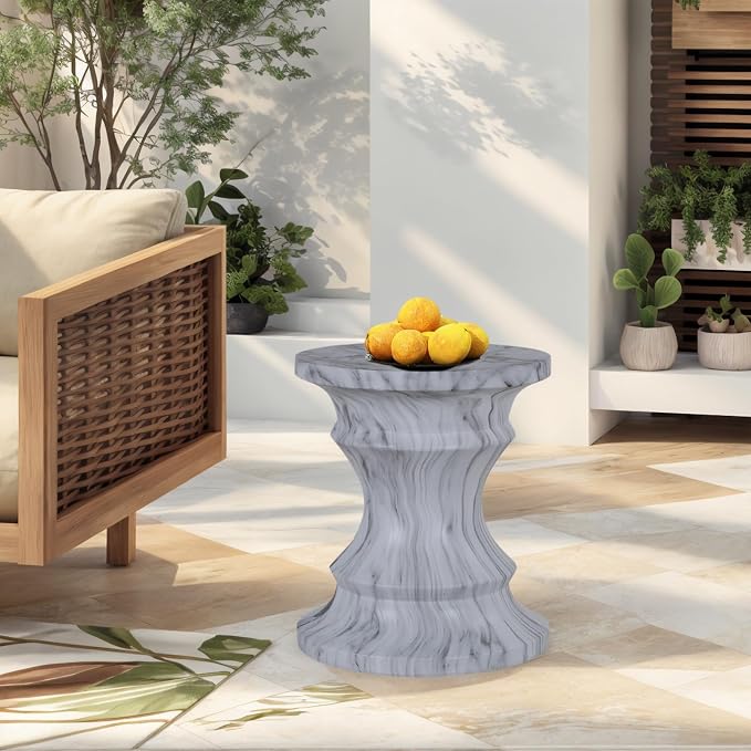 Stone Side Table,Round Faux Marble Side Table,Modern Small Stone End Table for Balcony (White-15.35"-5)
