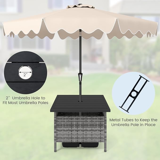 LDAILY Patio Table Umbrella, Outdoor Table with Umbrella Hole, Rattan Patio Side Table with Steel Umbrella Hole, HDPE Desktop & Metal Frame for Deck Garden Poolside Backyard Balcony (Mix Gray)