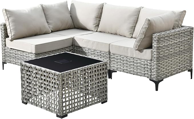 Outdoor Patio Furniture Sets,5 PCS Patio Conversation Set Outside Rattan Sectional Sofa with Coffee Table Fit Backyard Porch Garden Poolside Balcony