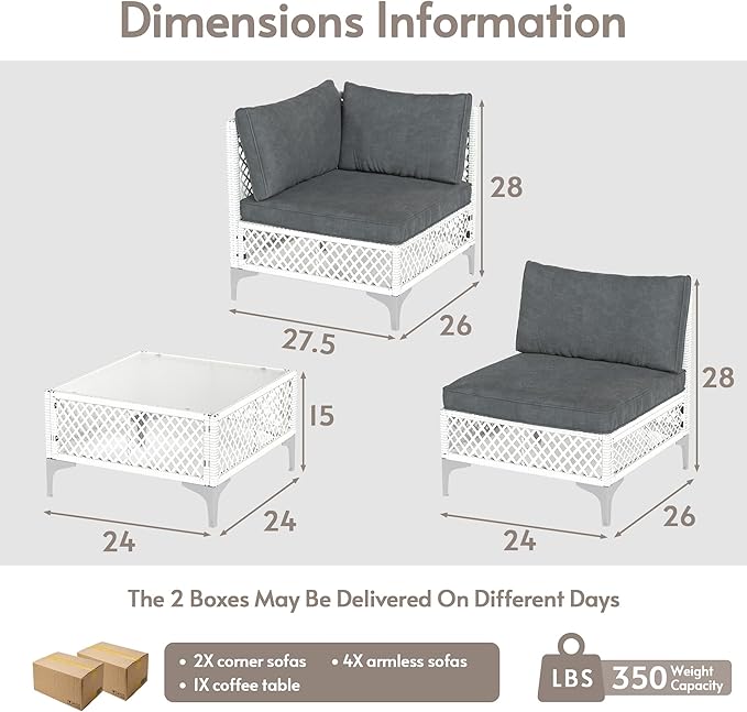 ENSTVER 7-Piece Outdoor Patio Furniture Set, Value Lightweight Boho Outdoor Sectional with Handwoven Wicker & Easy Assembly, Durable Outdoor Sofa for Small Patio, Balcony（Cushion Dark Grey）