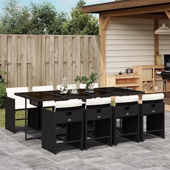 9 Piece Patio Dining Set with Cushions Black Poly Rattan Outdoor Table and 8 Chairs for Garden, Backyard, Deck, Foldable Space-Saving Tempered Glass Top UV-Resistant
