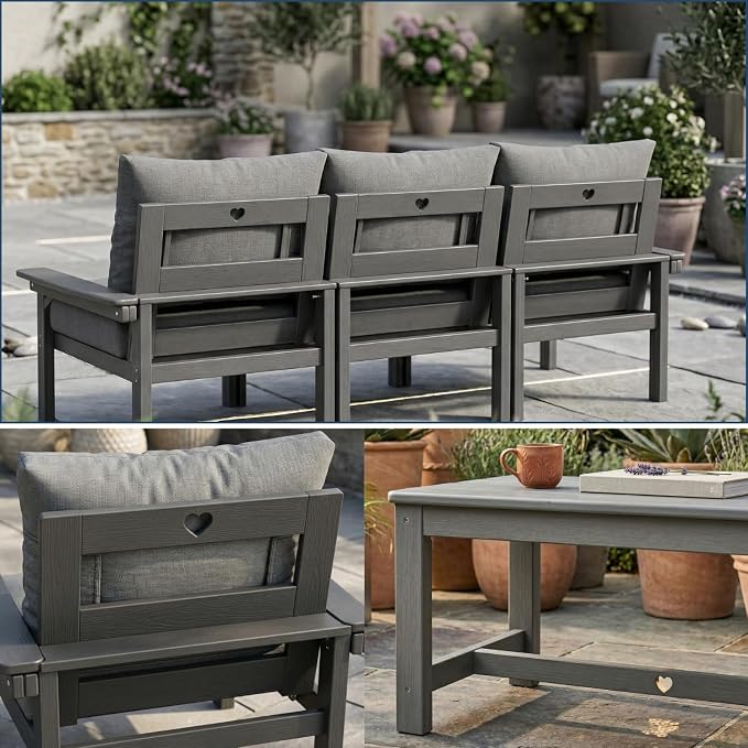 HDPE 3 Piece Patio Furniture Set, All-Weather Outdoor Couch Set with Thick Cushions, Patio Conversation Sets for Lawn, Garden, Porch, Deck, Balcony, Poolside, Grey Frame Grey Cushion