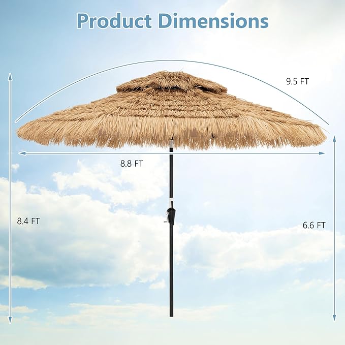 HAPPYGRILL 8.8 FT Hawaiian Style Umbrella with Lights, Outdoor Thatched Patio Tiki Umbrella with 8 Ribs, Manual Crank, 35° Tilt, for Beach, Backyard, Poolside