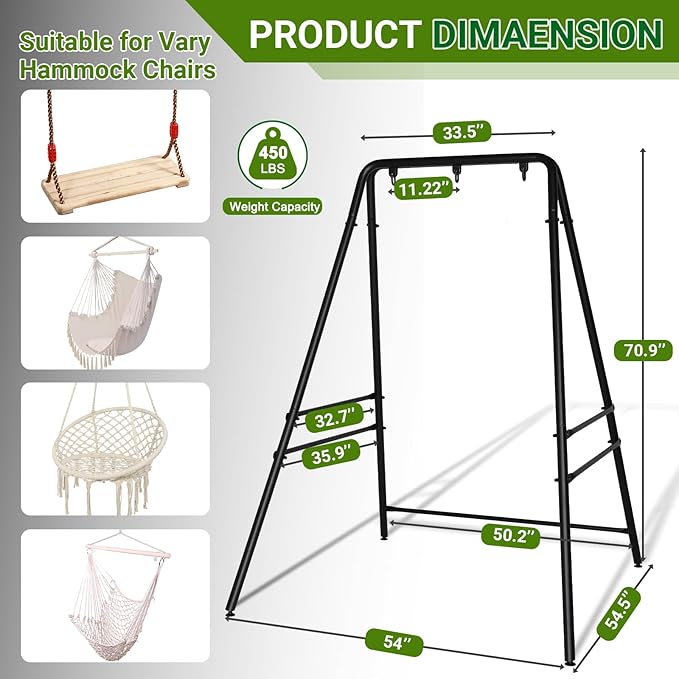 Outdoor Hammock Stand, Heavy Duty A-Frame Metal Stand with 3 Hooks, Weatherproof Design Fits Hammocks & Hanging Chairs, 450 Lbs Capacity for Backyard, Garden, Balcony & Porch