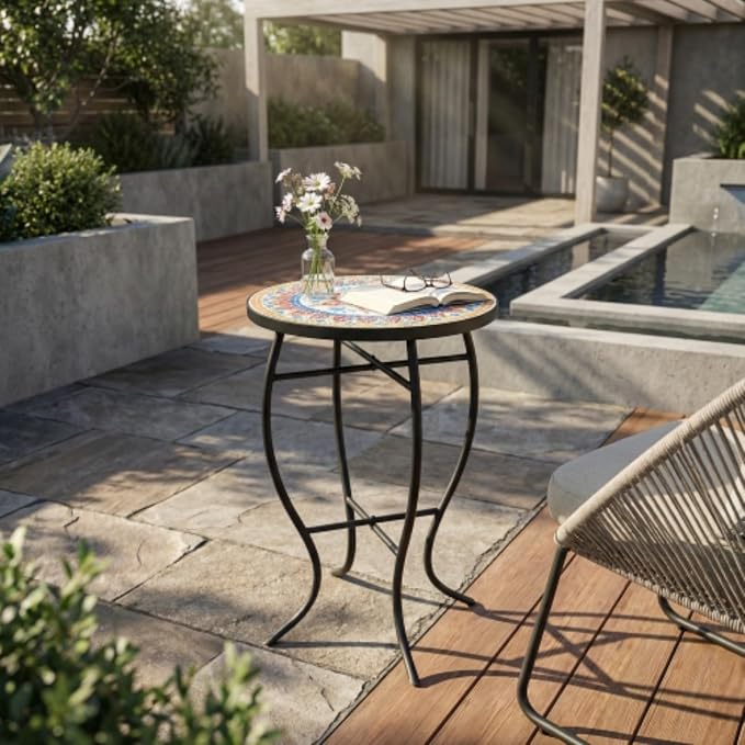 Mosaic Side Table and Plant Stand, 21" Round End Table with 14" Ceramic Tile Top, Indoor & Outdoor Accent Table, Porch Patio Furniture, Entryway & Coffee Table for Home & Garden, (Blue -1)