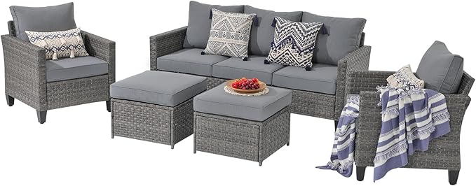 SUNSITT Outdoor Patio Furniture Set 5 Piece Wicker Conversation Set with Ottoman 3 Seat Sofa Couch with Club Chair, Grey Wicker & Grey Cushion