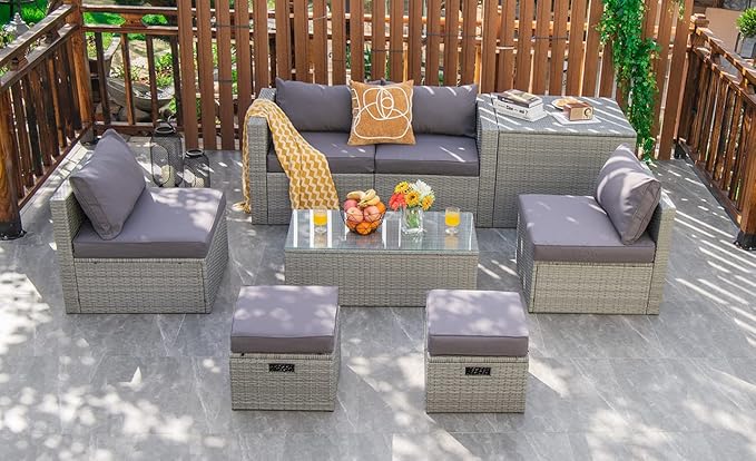 Tangkula 8 Piece Patio Wicker Furniture Set, Patiojoy Space Saving Outdoor PE Rattan Conversation Set with Storage Box & Waterproof Cover, Coffee Table, 2 Ottomans, 2 Armless Sofas & 2 Corner Sofas
