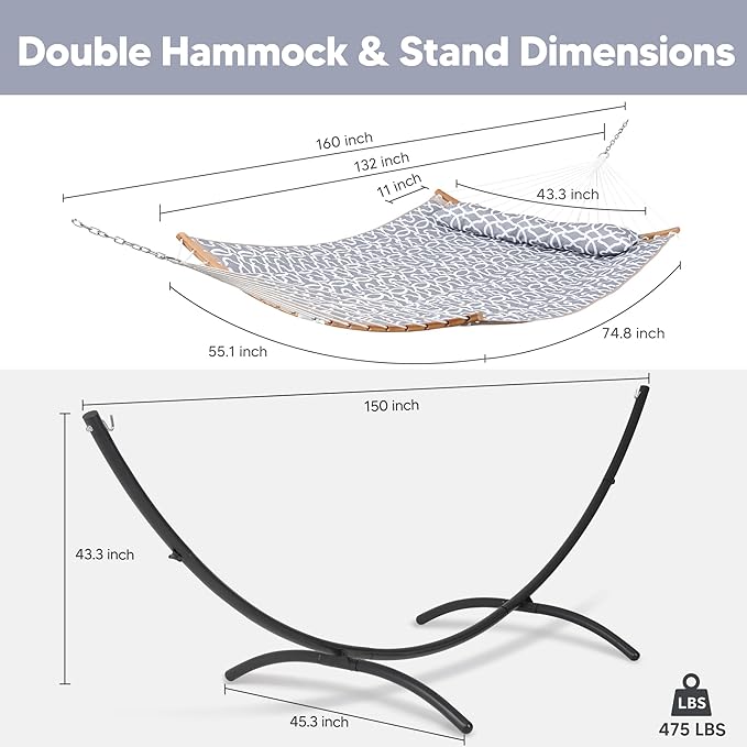 SUNCREAT Portable Outdoor Hammock with Stand, Double Hammock with Stand for Outside, Patent Pending, Gray