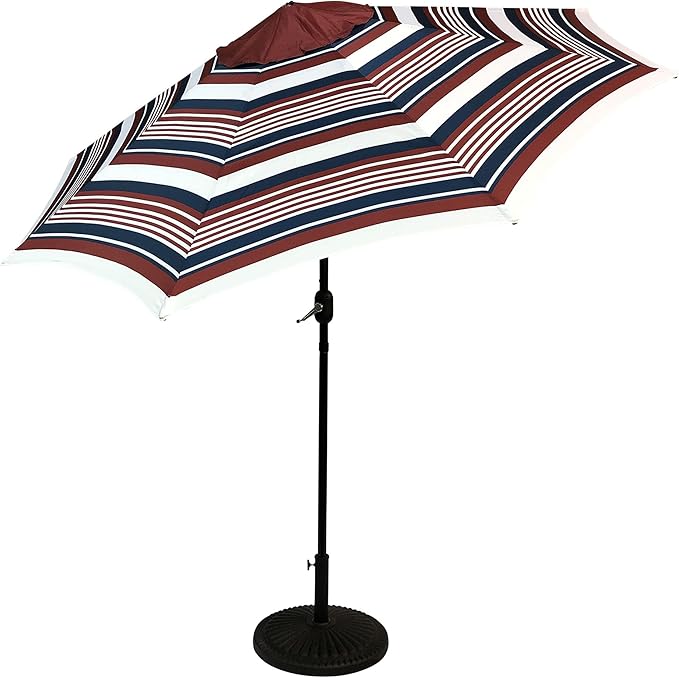 9' Round Patio Umbrella with 32 Solar Powered LED Lights, Push-Button Tilt and Hand Crank Lift, Solar Lighted Umbrella in Scarlet Stripe for Patio, Porch, and Backyard by Sun-Ray