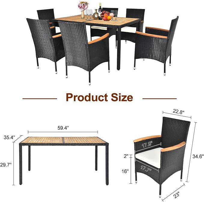 VINGLI 7 Pieces Patio Dining Set, Wicker Outdoor Dining Set for 6 Patio Furniture Set with Acacia Wood Table Outdoor Table and Chairs for Garden and Yard