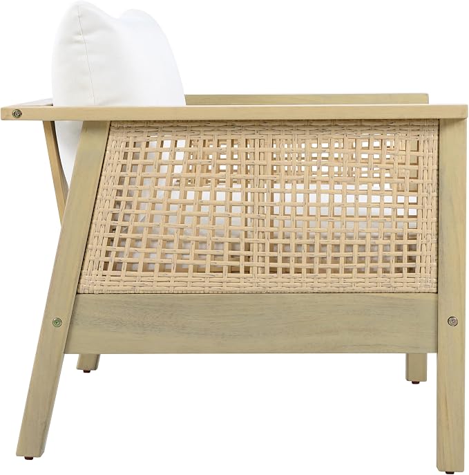 Merax Outdoor Acacia Wood Single Chair PE Wicker Club Chair Dining Chair with Waterproof Detachable Cushion, Light Teak Finish & Cream Cushion