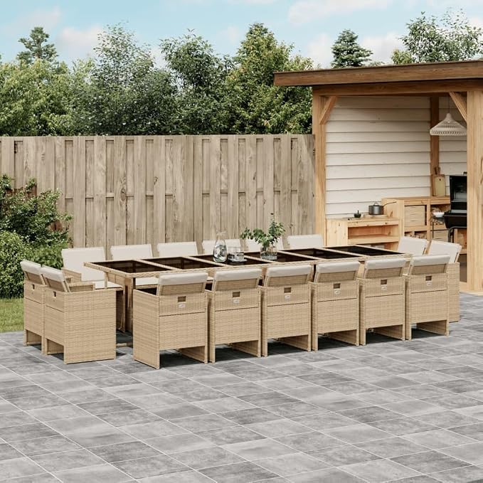 17-Piece Patio Dining Set with Cushions Beige Poly Rattan Outdoor Furniture Set for Garden Backyard Balcony Porch