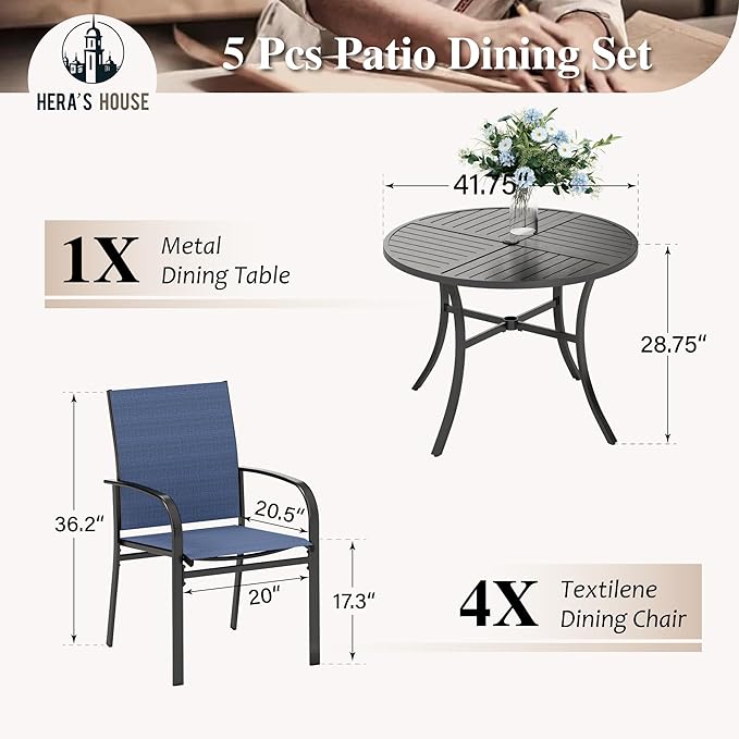 HERA'S HOUSE 5 Pieces Patio Table and Chairs Set, Outdoor Dining Furniture for 4, 42" Black Metal Round Dining Table with Umbrella Hole, 4 x Blue Textilene Chairs for Lawn Garden Backyard Deck