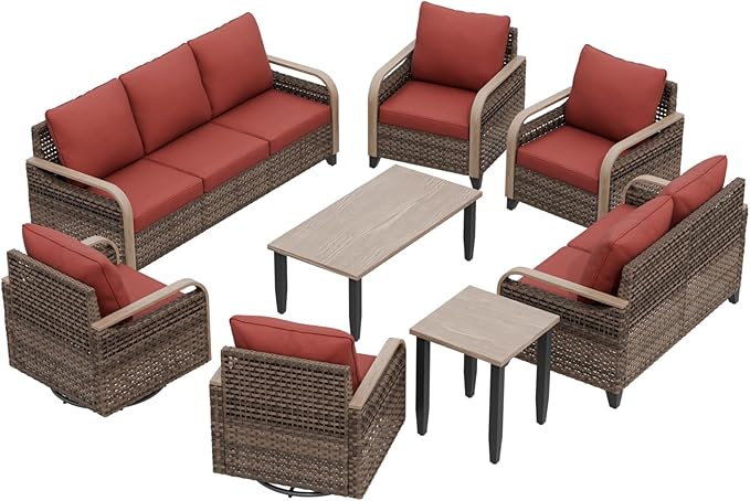 EAGLE PEAK Modern Wicker Outdoor Patio Furniture Set, Patio Conversation Set, 2 Chairs, 2 Swivel Rocker Chairs, 3-Seat Sofa, Loveseat, Coffee Table and Side Table, 8 Pieces, Brown/Red