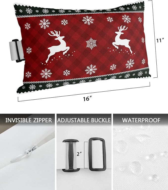 Outdoor Pillows Covers with Inserts Christmas Elk Dreamlike Snowflake Border Waterproof Recliner Pillow with Adjustable Strap Throw Pillows for Patio Furniture Pool Lounge Chair, 11x16 inch, 1PCS