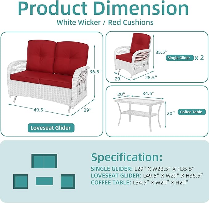 MEETWARM 4 Pieces Outdoor Wicker Patio Conversation Sets with Glider Loveseat, 2 Chairs with Coffee Table Wicker Rocking Glider Set, Patio Conversation Set with Thickened Cushions, White/Red