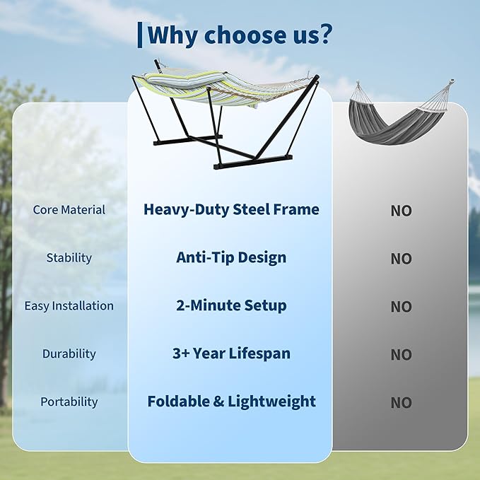 2 Person Double Hammock with Adjustable Steel Stand & Pillow, Heavy Duty Portable Outdoor Hammock Set, MAX 450 LBS Weight Capacity for Patio, Garden, Beach, Backyard