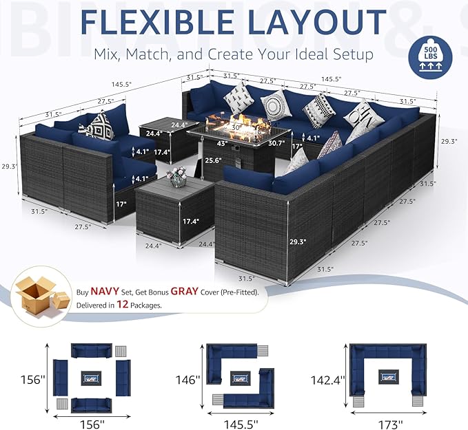 NICESOUL 15 Piece Outdoor Patio Furniture Set with Fire Pit, Extra Large Wide Outdoor Deep Seated Sectional, Cozy 29.3'' High-Back Modular Couch, 500 Lbs High Weight Capacity Wicker Sofa, Gray & Blue