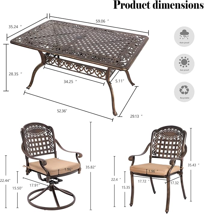 TITIMO 7-Piece Cast Aluminum Patio Dining Set, Outdoor Dining Furniture Patio Conversation Set, Rectangular Table w/Umbrella Hole for Backyard Deck (Khaki-Fixed Grid Chair+Swivel Grid Chair, 7 Pcs)