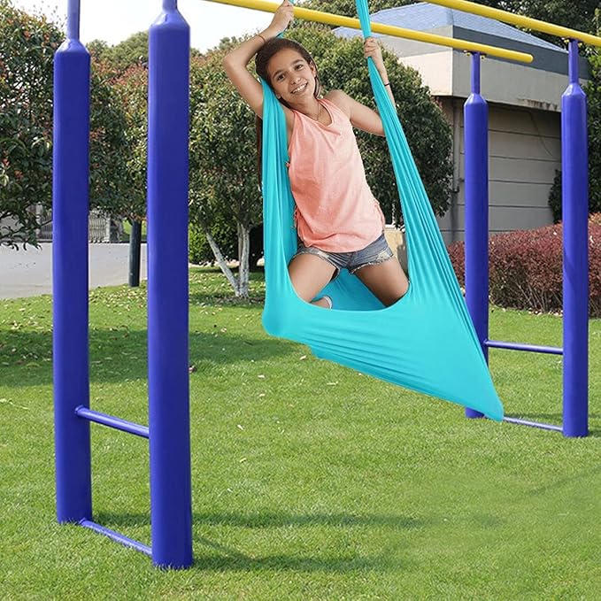Sensory Swing for adults Indoor kids Therapy Swing Soothing Calming Snuggle Hammock durable strong fabric swing Excellent stretchability Includes Hanging Hardware ( Color : Lake blue , Size : 1.5M x 2