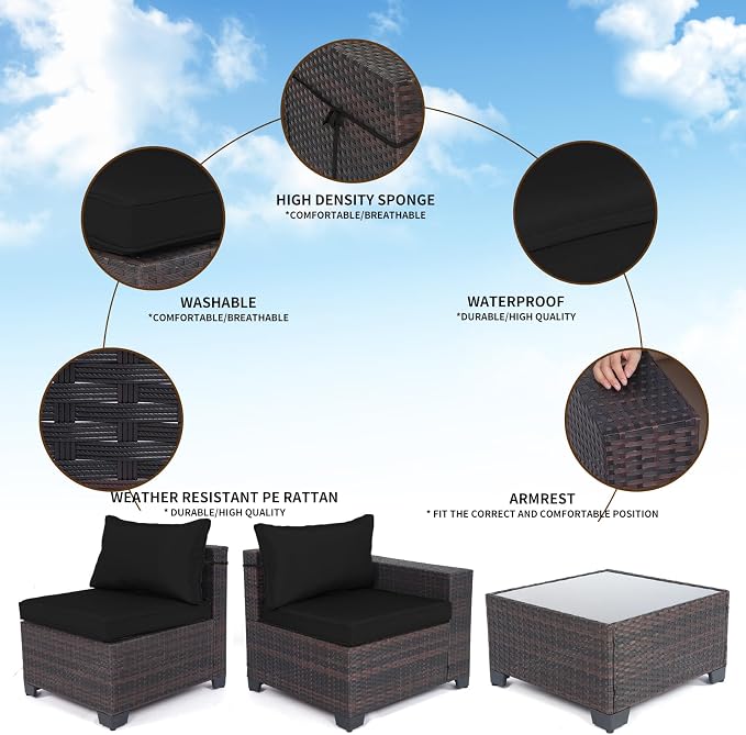 LEVELEVE 7 Pieces Outdoor Patio Furniture Sets,Rattan Conversation Sectional Set,Manual Weaving Wicker Patio Sofa with Tea Table