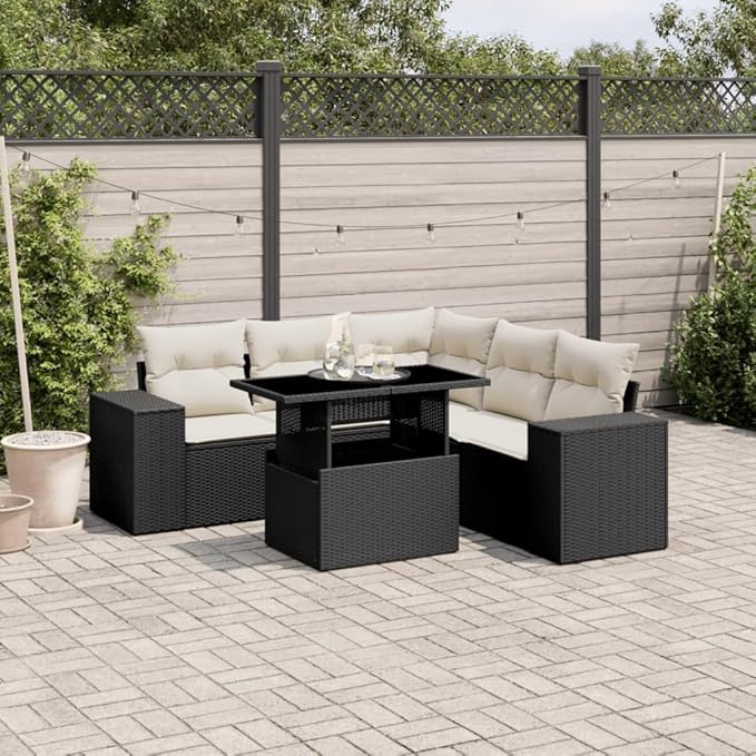 6-Piece Patio Furniture Set, 39.4" L Outdoor Sectional Sofa with Cushions, Black Poly Rattan Patio Conversation Set for Garden, Balcony, Deck and Backyard Seating Up to 6