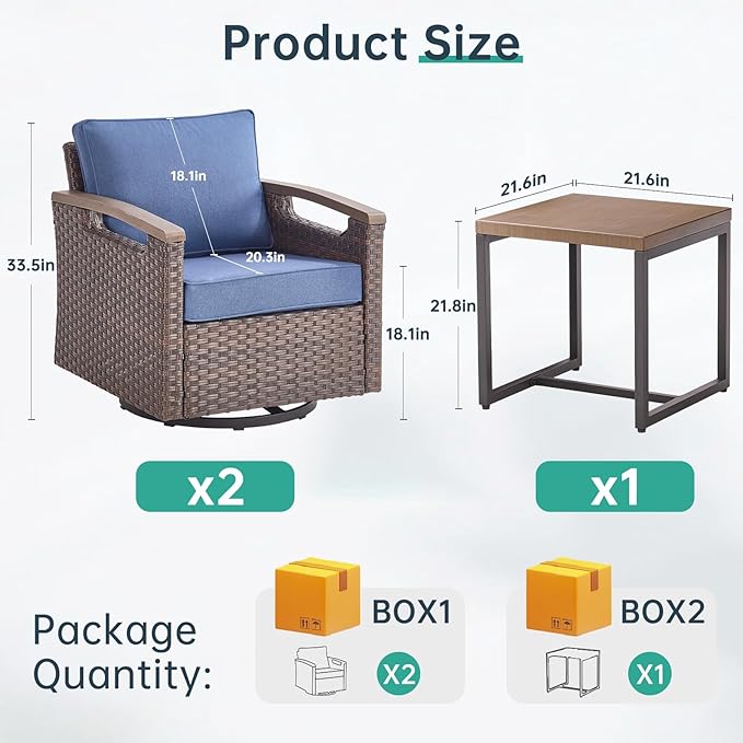 Luxury Outdoor Swivel Rocker Patio Chairs with Metal Side Table - Heavy Duty 3 Piece Patio Furniture Set All Weather Wicker Glider Set with Thick Cushion for Porch, Poolside and Deck - Blue