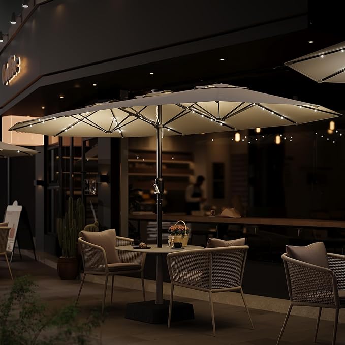 Garvee 15FT Rectangular Patio Umbrella with Solar Lights & Base Included - Large Patio Umbrella with Crank Handle 48 LED Lights, UV Protection for Outdoor Market, Backyard, Deck, Poolside, Lvory