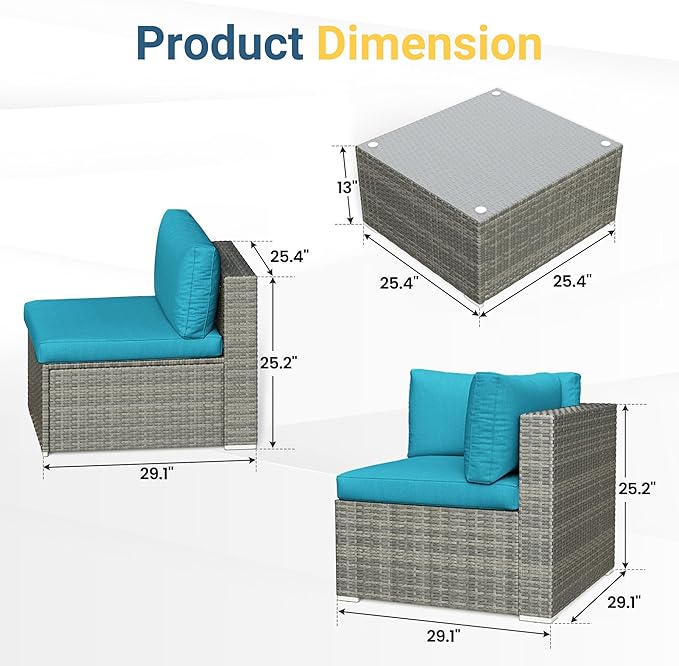 RoyalCraft Outdoor 7-Piece Patio Furniture Set, Wicker Patio Conversation Sets with Cushions and Coffee Table, All Weather Outdoor Modular Sectional Sofa for Porch Balcony Backyard Deck, Light Blue