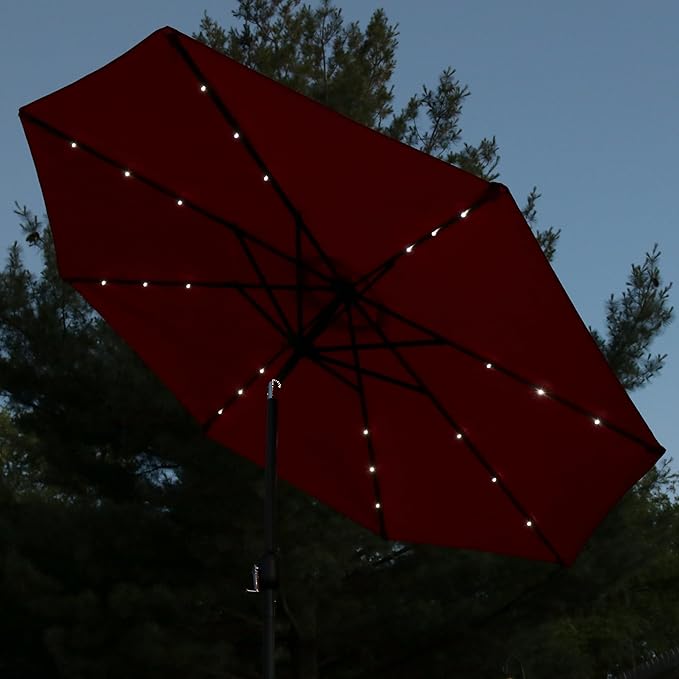 Sunnydaze 9 ft Outdoor Patio Umbrella with Solar Lights - Polyester LED Table Market Umbrella with Push-Button Tilt and Crank - Red