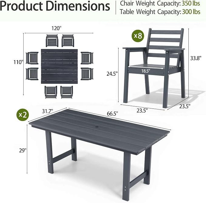 10-Piece Outdoor Dining Set, All-Weather HDPE Patio Furniture, Two 66.5" Slatted Table with 1.6" Umbrella Hole & 8 Ergonomic Armchairs, Heavy Duty 350lbs Capacity, UV Resistant, Gray