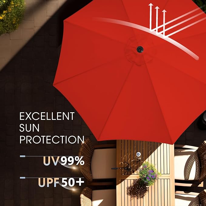 wikiwiki 9ft Solar Led Patio Umbrella, Sturdy Outdoor Market Umbrella for Deck, Pool, Garden w/Tilt, Crank, 32 LED Lights, Red