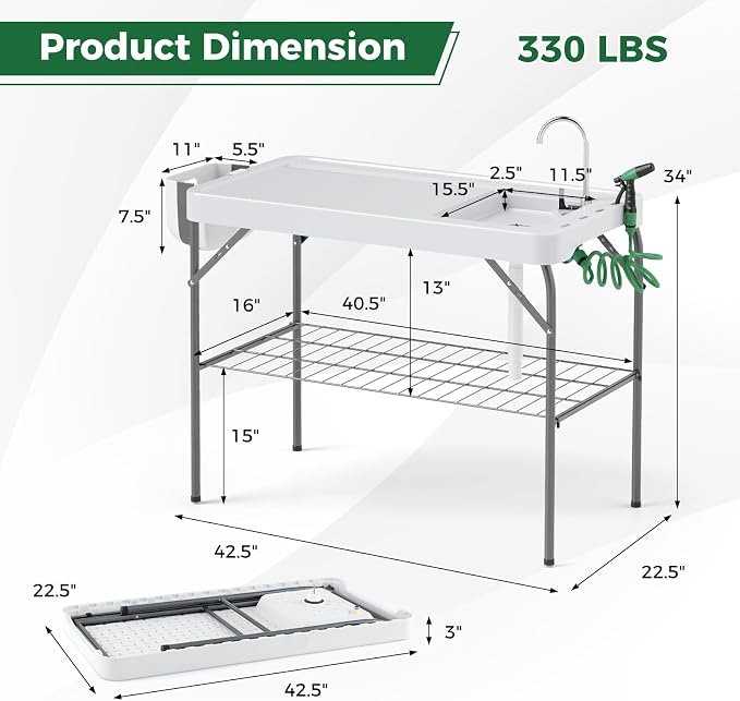 Folding Fish Cleaning Table, Fishing Fillet Station w/360° Rotatable Faucet & Sink & Spray Nozzle & Drain Pipe, Outdoor Sink Table, Portable Fish Filleting Table for Camping, Picnic