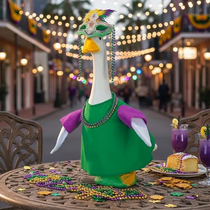 Gaggleville Mardi Gras Goose Outfit, Fits Large 23" H Statue, by Fox | Valley Traders