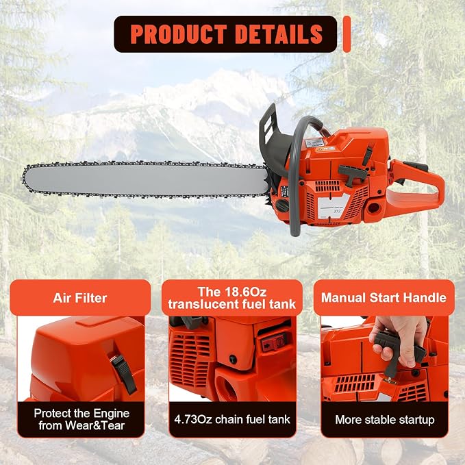 28In Gas Chainsaw, 71CC 2 Stroke Gas Powered Chainsaw, 10000Rpm High Speed Handheld Cordless Petrol Chain Saw, for Garden Pruning, Forest Logging, Chopping Wood