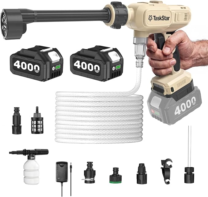 TaskStar Cordless Portable Cleaning Tool: 2X 4.0Ah Batteries Powered Electric Washer with Brushless Motor, 2 Power Modes, 6-in-1 Spray Nozzle, 26FT Extended Hose for Car, Garden, Outdoor Cleaning