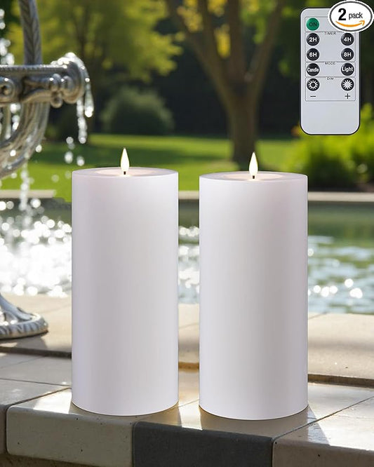 Gmnee 4"x8" Outdoor Waterproof Flameless Candles with Remote and Timers, LED Candles, Battery Operated Candles, Electric Fake Pillar Candles for Patio, Porch, and Lanterns Decor (White, Plastic)