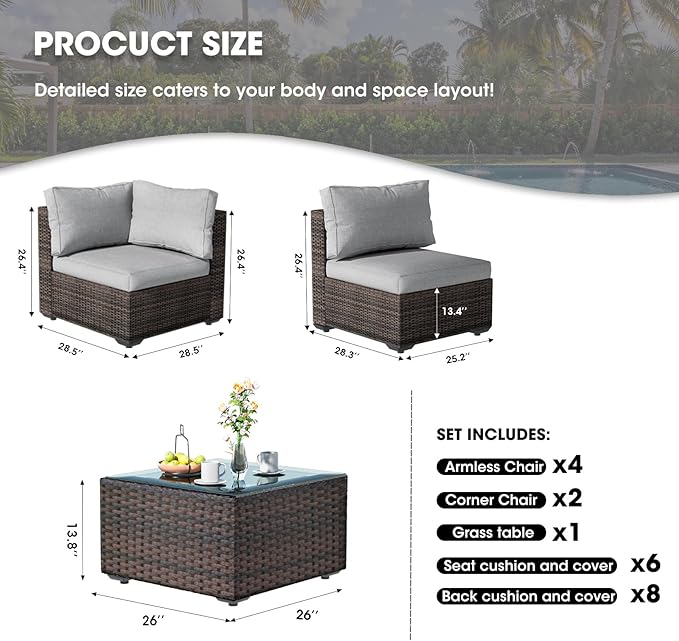 Grezone Patio Furniture Set 7 Piece Outdoor Wicker Sectional Sofa - All Weather High Backrest PE Rattan Couch Conversation Set with Cushion & Glass Top Table for Backyard Deck Porch, (Grey)