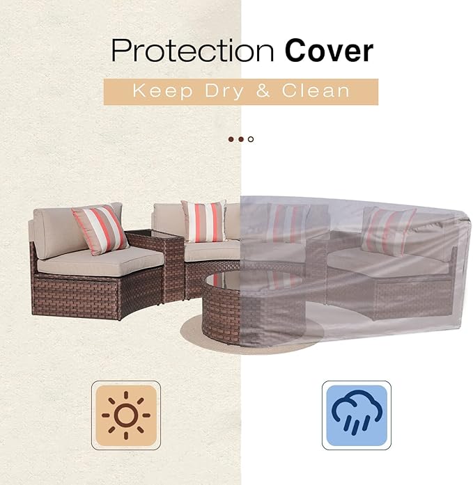 SUNSITT Outdoor 7-Piece Half-Moon Sectional Furniture Set with Round Coffee Table, Patio Curved Sofa Set, Beige Cushion and Brown Wicker, Incl. Waterproof Cover