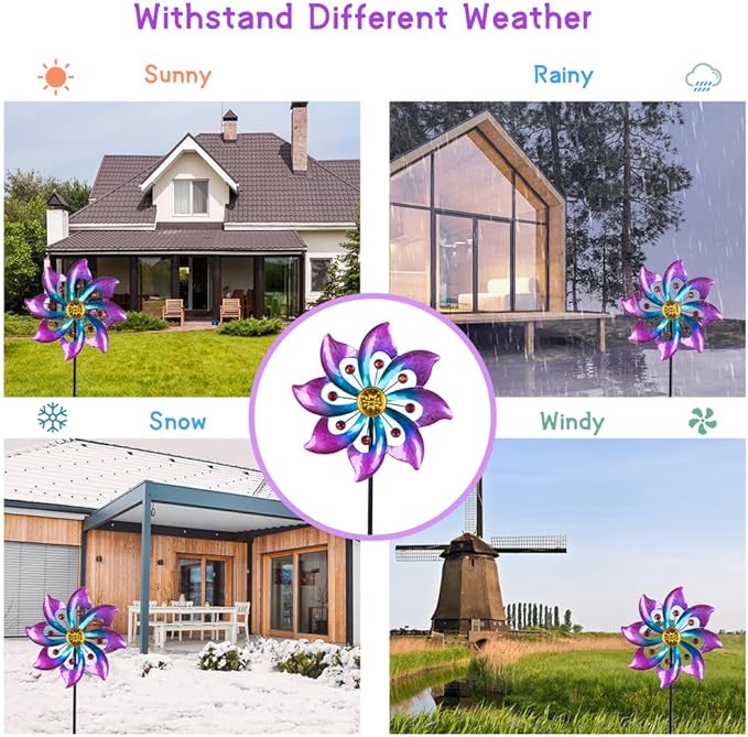 VEWOGARDEN Garden Metal Flower Wind Spinners Outdoor, Kinetic Wind Sculptures & Spinners for Yard Lawn Patio Decorations, Blue & Purple