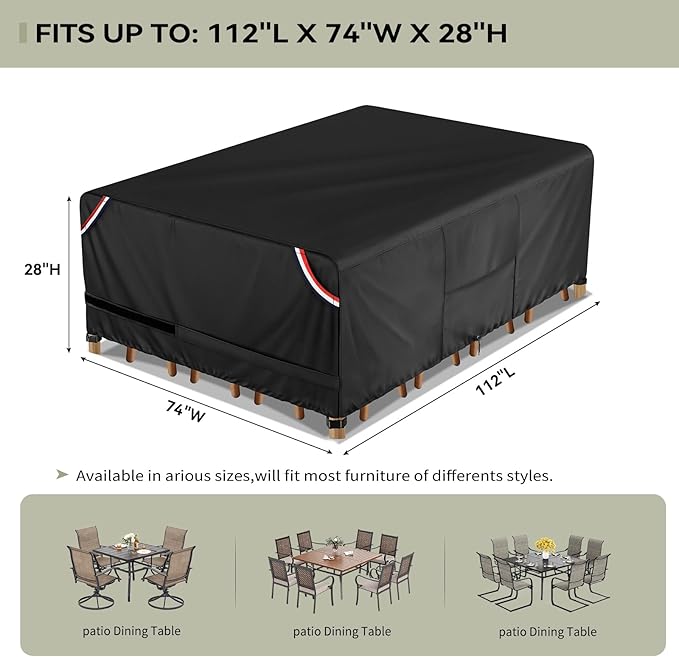 KylinLucky 600D Heavy Duty Rectangular Table Cover 112 x 74 inches - Waterproof Outdoor Dining Set Protector for Patio Furniture