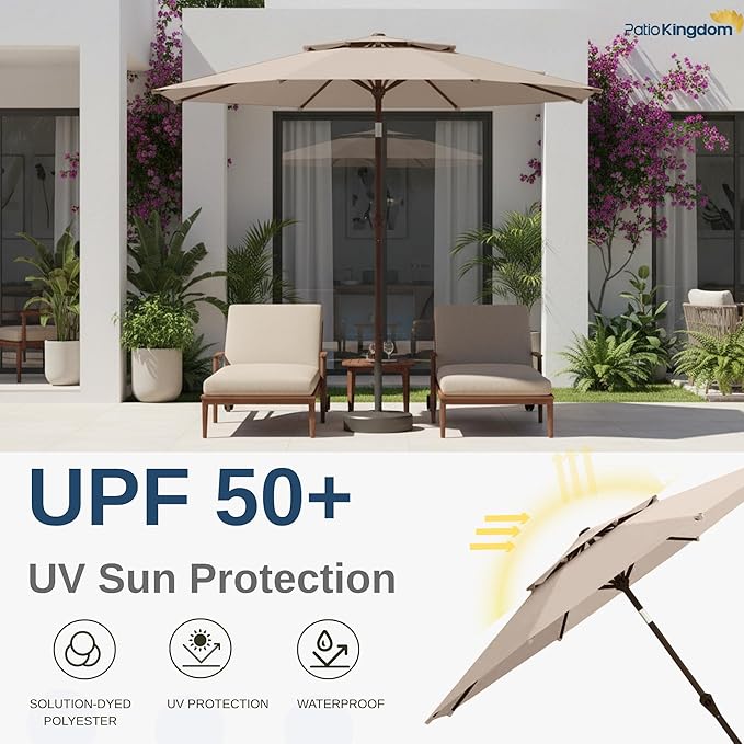 9FT Patio Umbrella 2-Tier Outdoor Market Table Umbrella with Push-Button Tilt & Crank | UPF 50+ & Waterproof for Backyard,Garden,Pool,Deck(Beige)