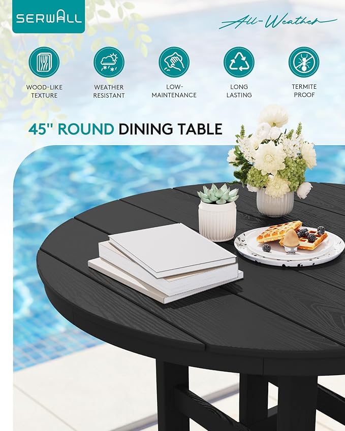 SERWALL 5-Piece Outdoor Round Dining Sets, HDPE Patio Table and Chairs Furniture Set, 45" Round Dining Table and 4 Armless Dining Chairs, Black